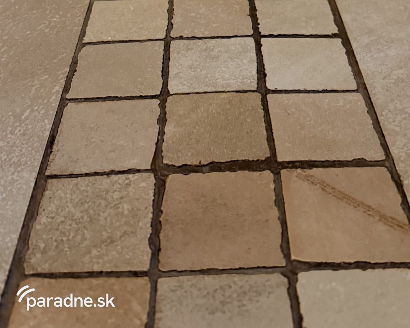 Mozaika na chodbe pred čistením - tmavé, zanesené špáry